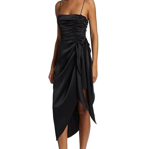 WAYF “Delaney” Asymmetric Satin Midi Dress with Ruched Bodice in Black – Size Me - Picture 3 of 7